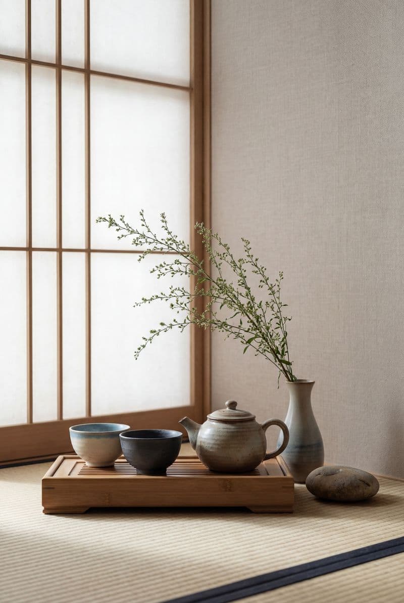 Tranh treo tường bình gốm mộc mạc trong không gian thiền định giúp chữa lành tâm hồn
