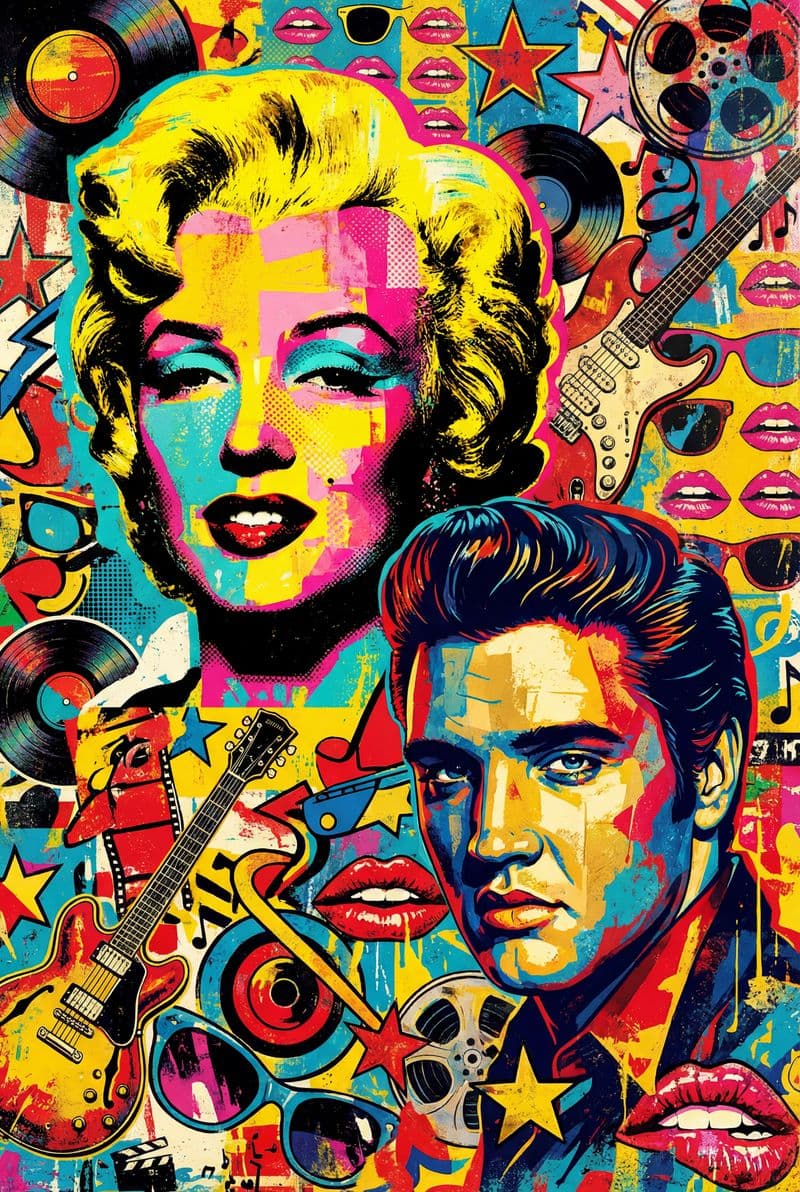 Tranh canvas chân dung Marilyn Monroe và Elvis Presley phong cách Pop Art trang trí phòng khách sang trọng