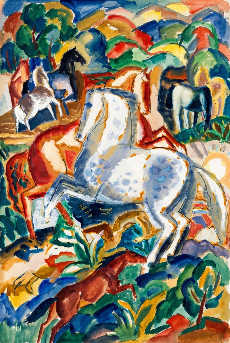 Tranh treo tường đàn ngựa đa sắc giữa thiên nhiên hùng vĩ trang trí phòng khách hiện đại