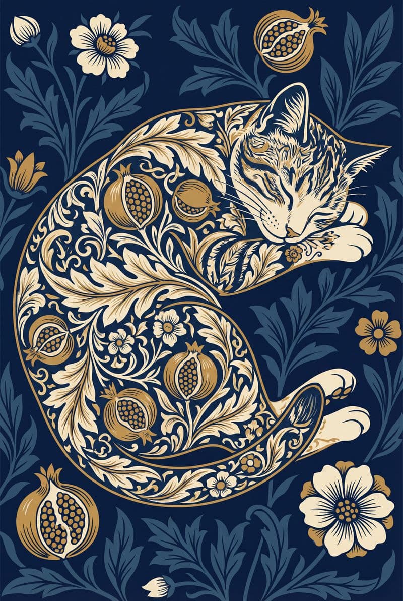 Tranh canvas chú mèo phong cách William Morris trang trí phòng ngủ tinh tế