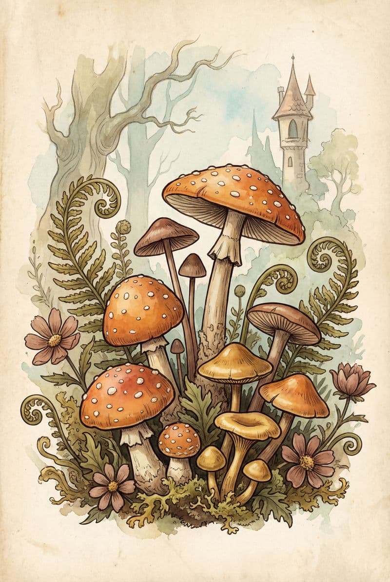 Tranh treo tường nấm cổ điển phong cách truyện cũ trang trí phòng khách hoài niệm