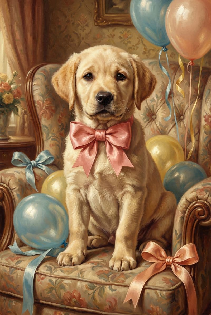 Tranh canvas chú chó Labrador phong cách Vintage Kitsch trang trí phòng khách sang trọng