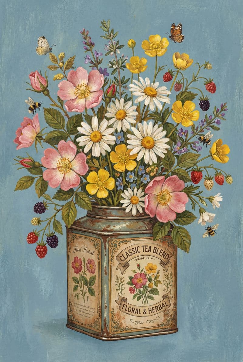 Tranh treo tường hoa trong lon trà vintage phong cách cổ điển trang trí phòng khách sang trọng