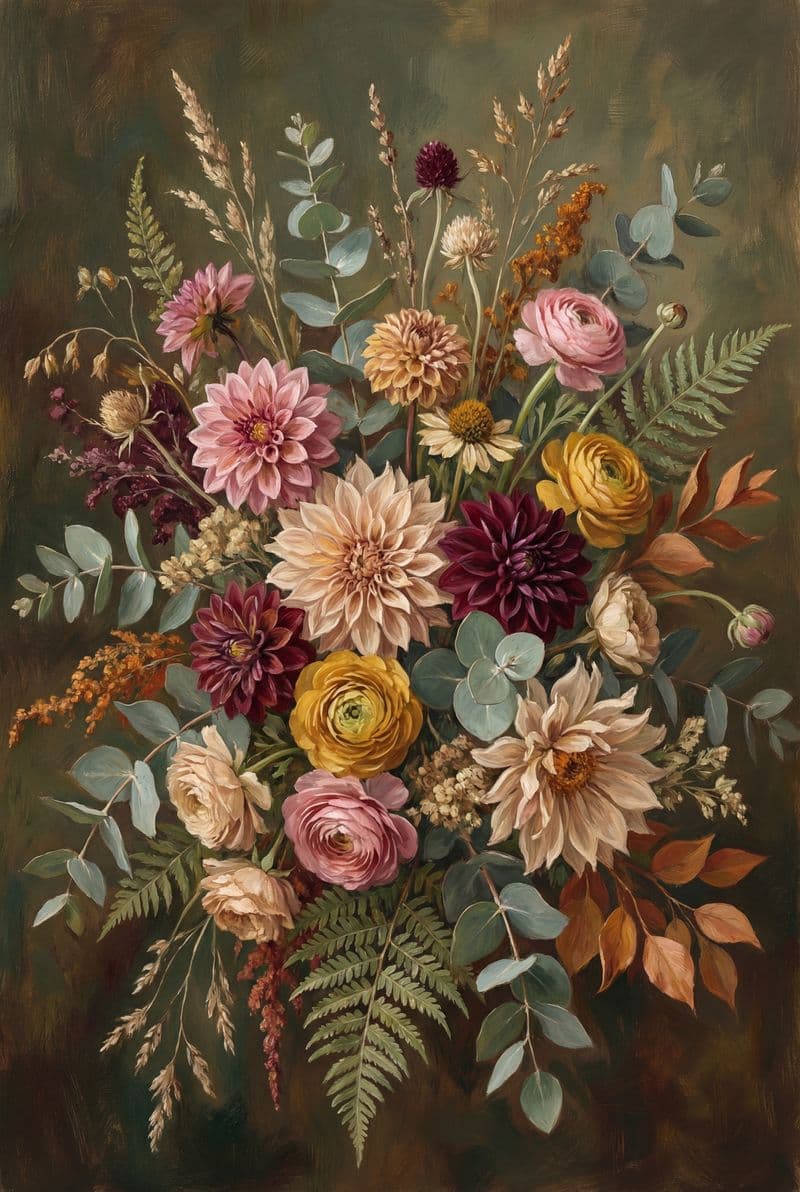 Tranh canvas hoa lá Herbario Flowers sắc màu rực rỡ trang trí phòng khách sang trọng