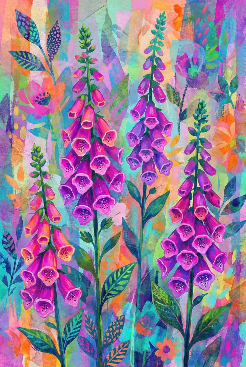 Tranh canvas hoa Foxglove phong cách Neon Collage trang trí phòng khách hiện đại