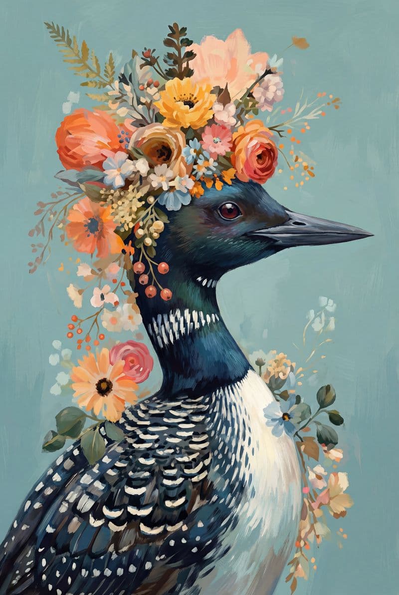 Tranh canvas chim Loon đội vương miện hoa trang trí không gian nội thất phòng khách sang trọng