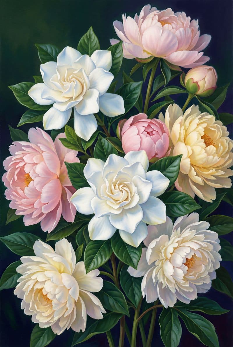 Tranh treo tường hoa mẫu đơn Gardenia trắng đa sắc màu trang trí phòng khách cao cấp