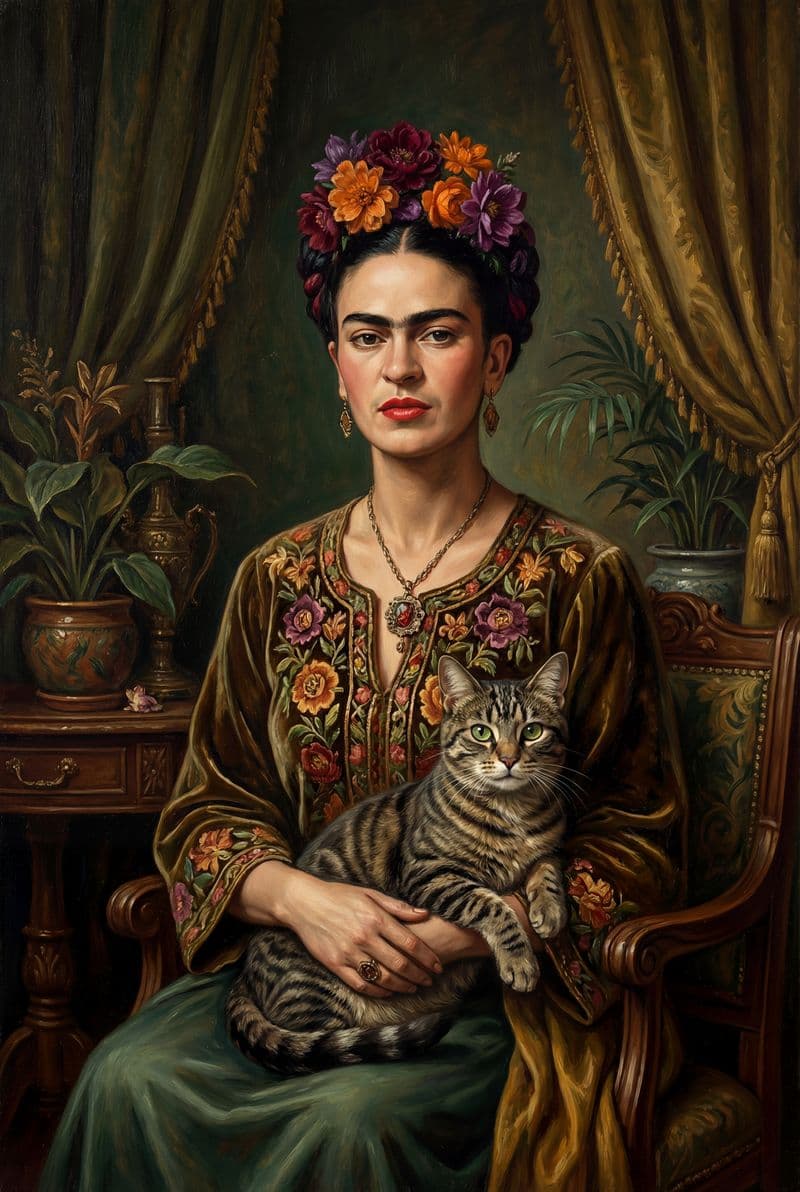 Tranh treo tường chân dung Frida Kahlo và mèo đen trang trí không gian nội thất phong cách cổ điển