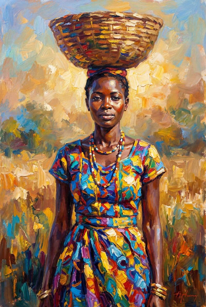 Tranh treo tường African Woman With Basket 9 trang trí phòng khách sang trọng và ấm cúng