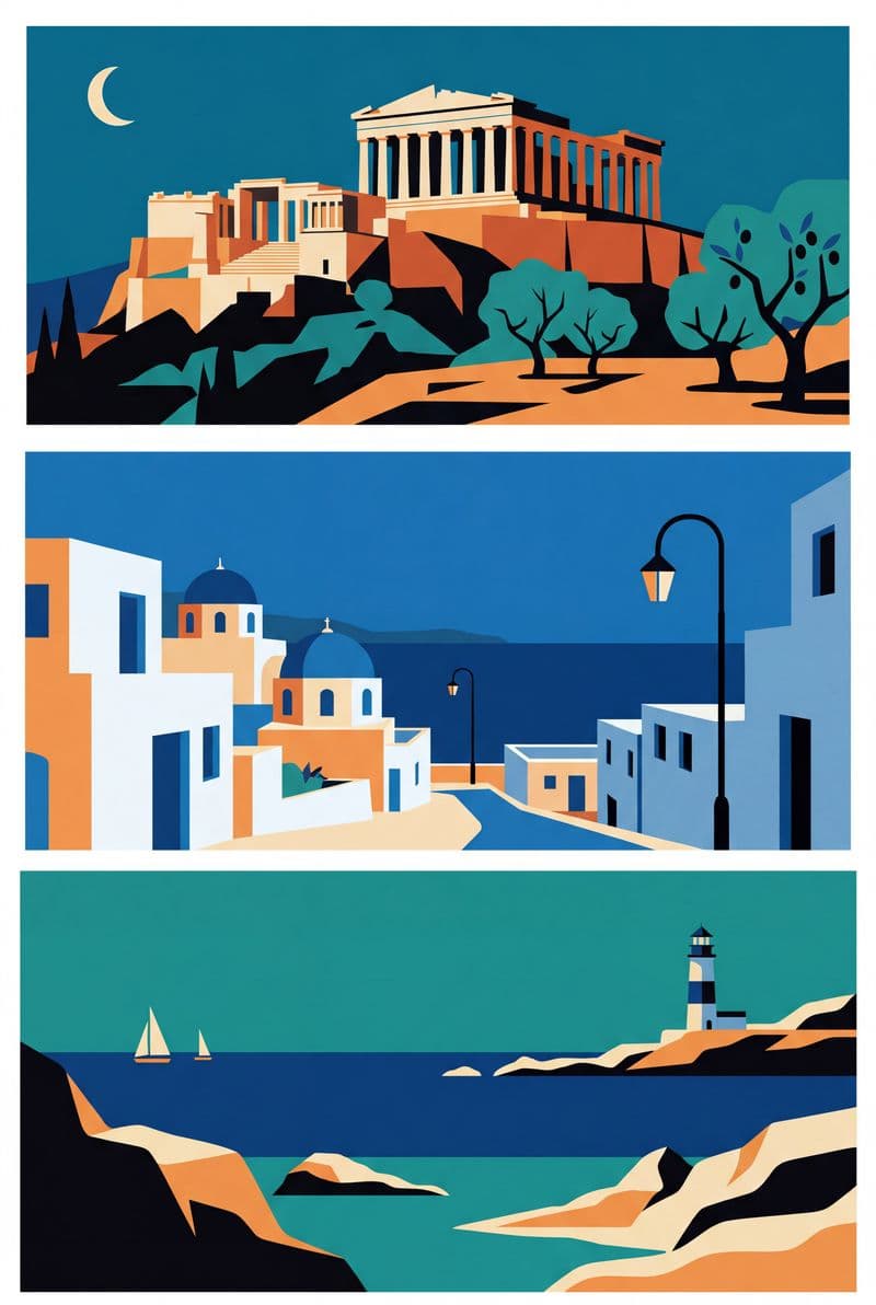 Bộ 3 tranh in nghệ thuật kiến trúc Athens tối giản với gam màu trắng kem và xám nhạt mang lại cảm giác bình yên cho phòng khách hiện đại.