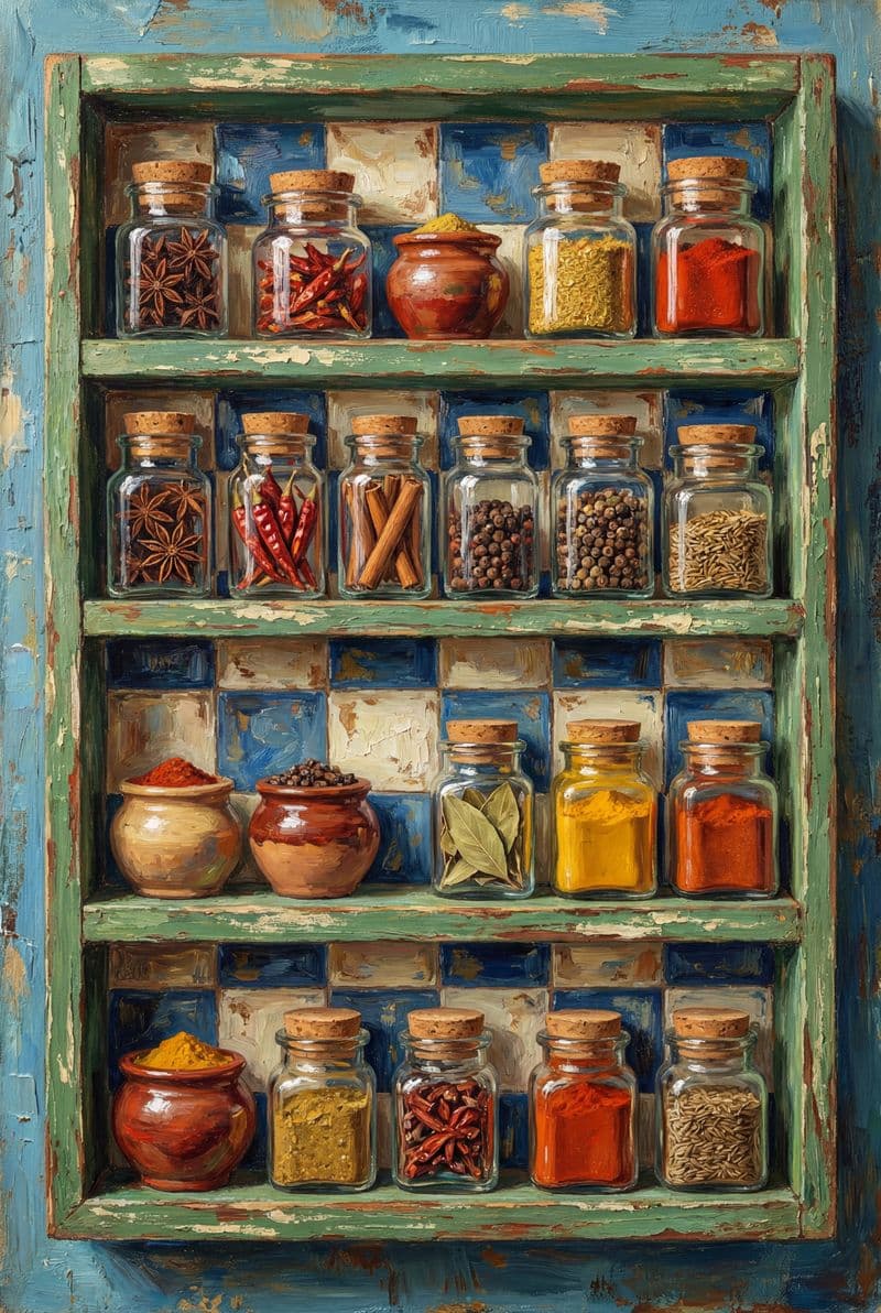 Tranh sơn dầu tĩnh vật kệ gia vị mộc mạc trên nền xanh dịu mát trang trí không gian bếp ấm cúng