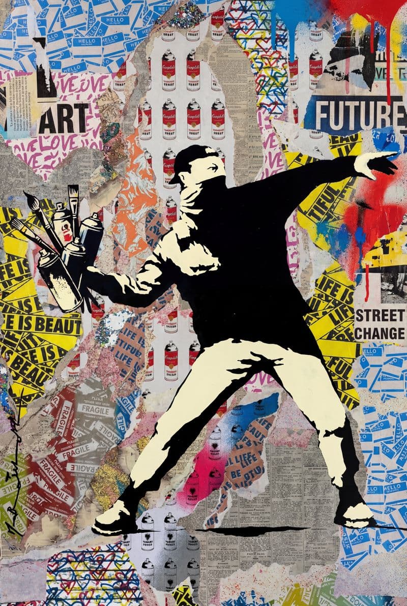 Tranh canvas nghệ thuật Banksy Flower Thrower chàng trai ném hoa đa sắc đầy năng lượng tự do phù hợp trang trí phòng khách hiện đại