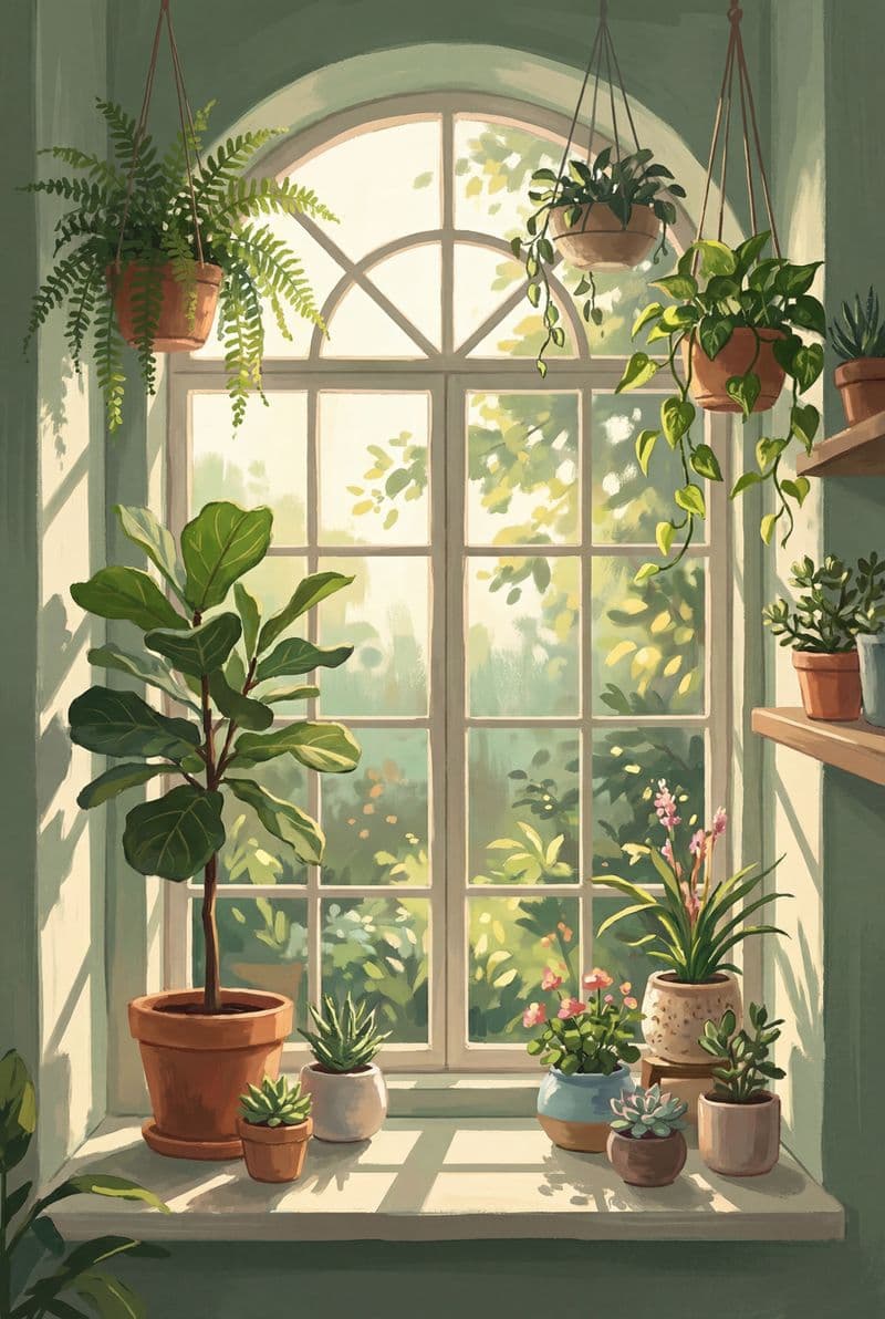 Tranh nghệ thuật chậu cây xanh bên khung cửa sổ ngập nắng mang cảm giác bình yên cho phòng khách hiện đại.