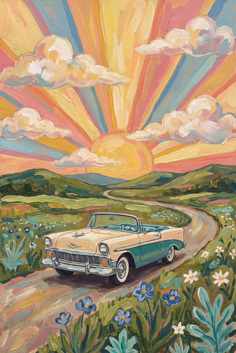 Tranh vintage Sunrise Ride người lái xe trong nắng sớm rực rỡ mang phong cách hoài cổ cho phòng khách sang trọng