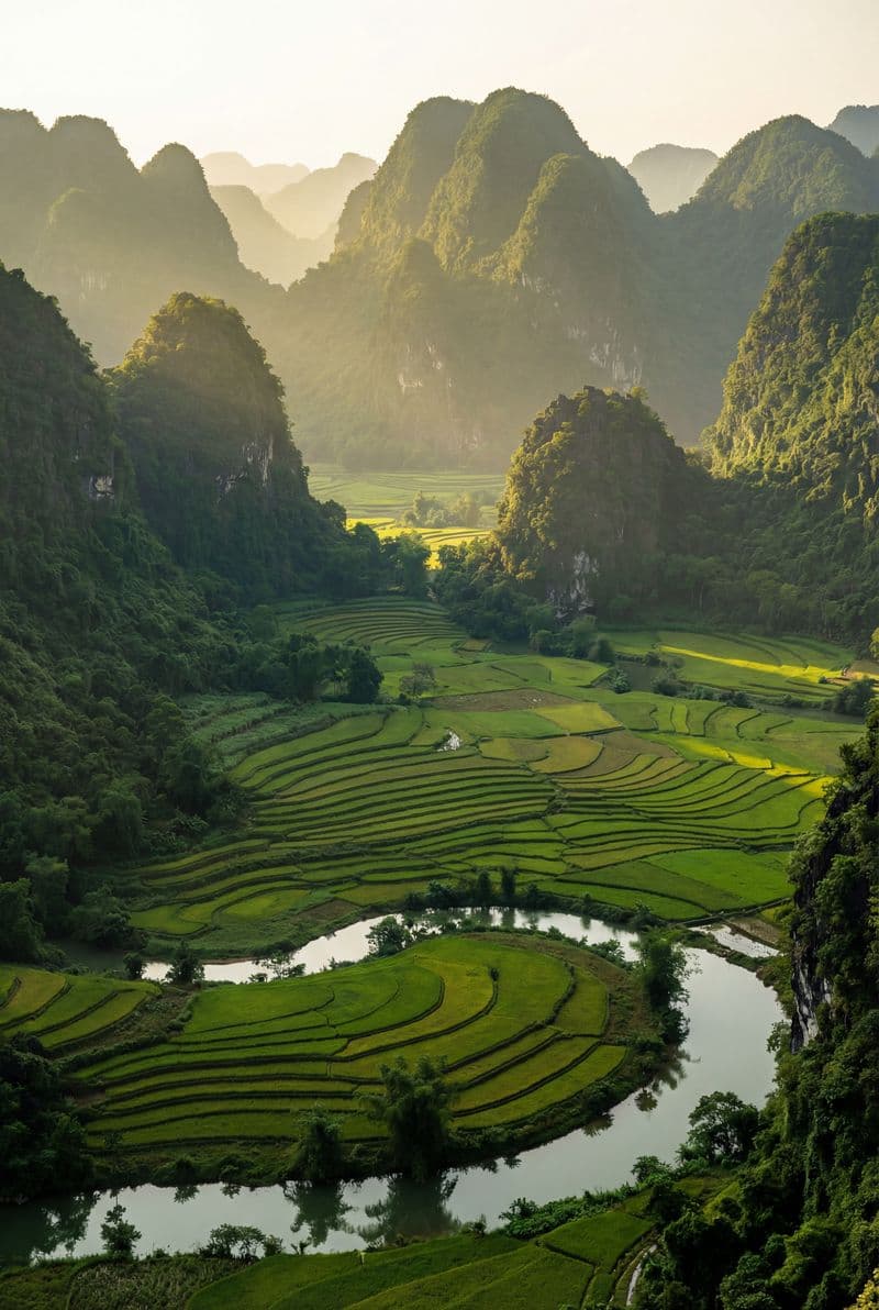 Tranh treo tường phong cảnh cánh đồng lúa và núi đá vôi Động Phong Nha trang trí phòng khách sang trọng