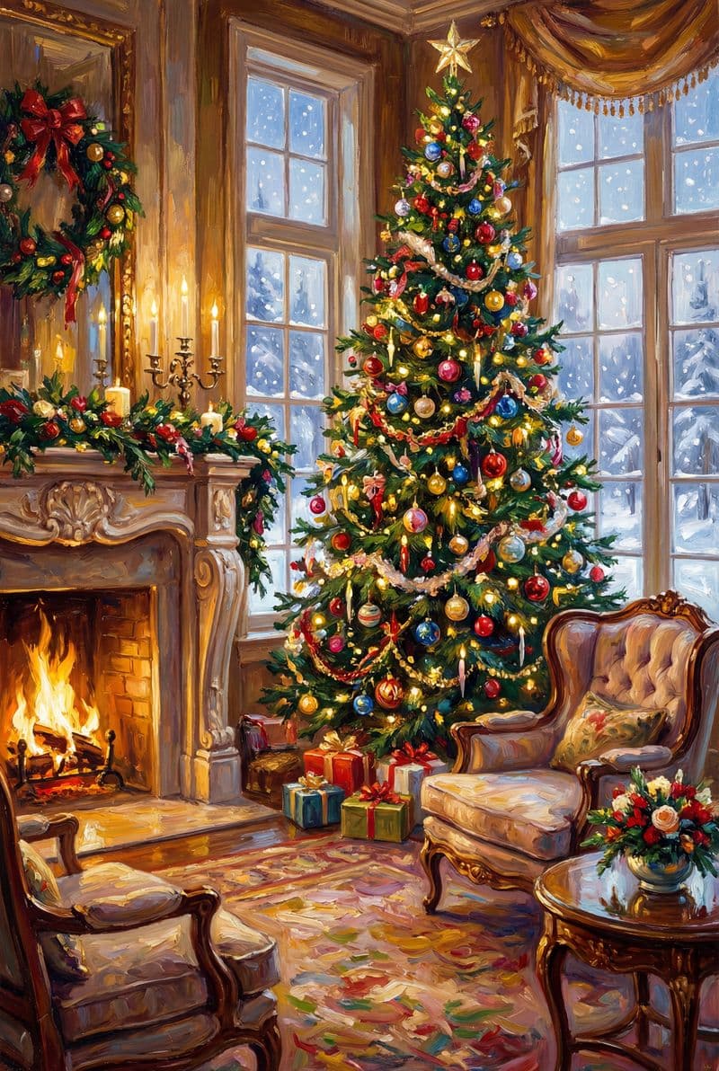 Tranh treo tường cây thông mùa đông phủ tuyết trắng trang trí phòng khách sang trọng