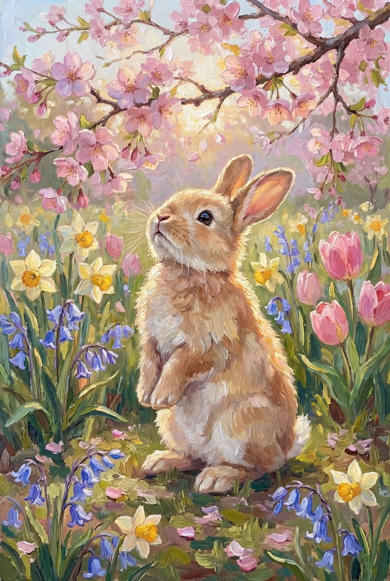 Tranh treo tường con thỏ giữa vườn hoa xuân trang trí phòng khách sang trọng