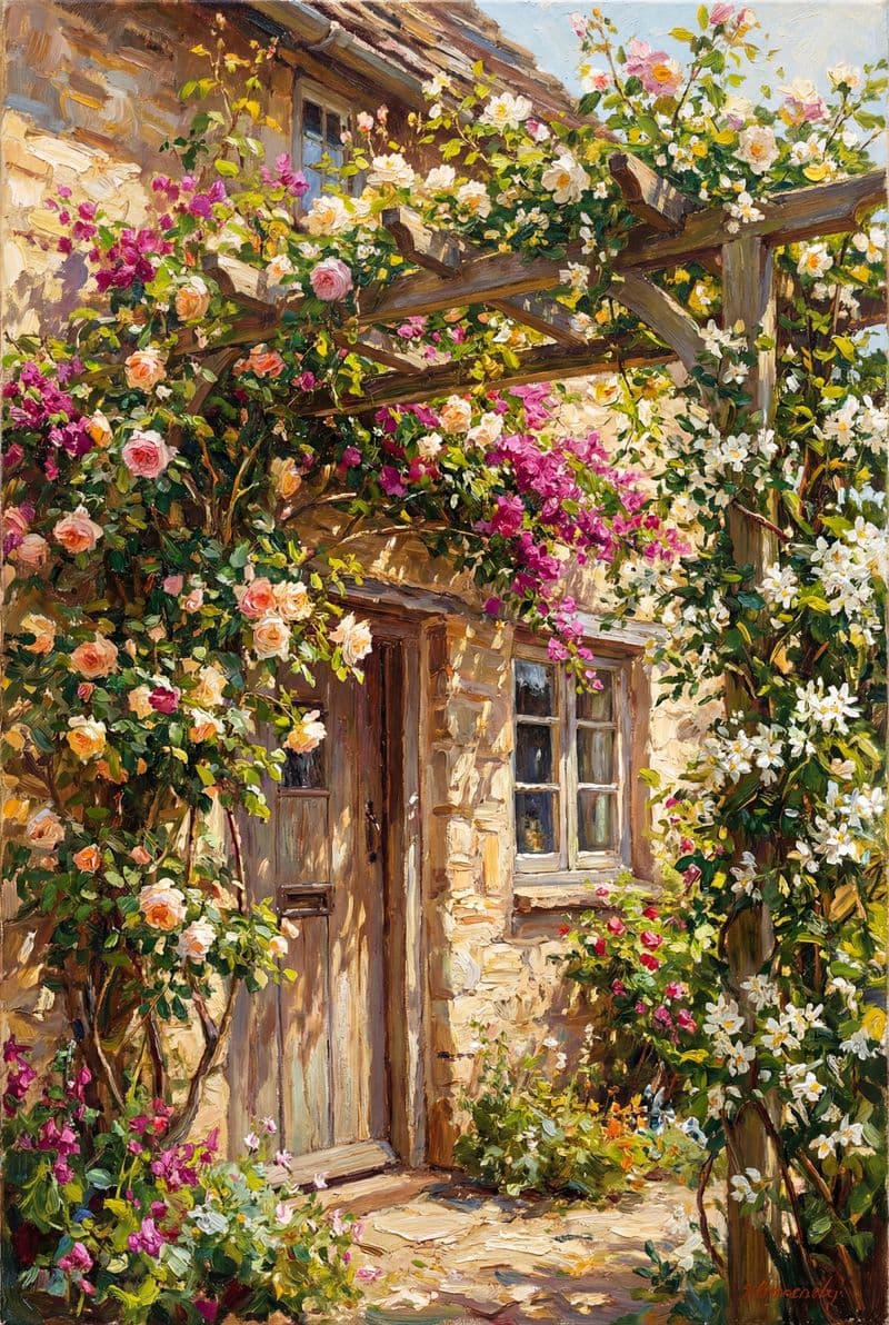 Tranh treo tường dàn hoa bên hiên nhà trang trí phòng khách phong cách lãng mạn