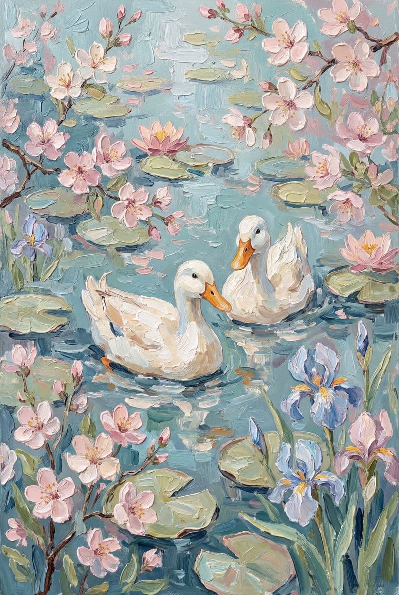 Tranh treo tường đàn vịt bơi lội dưới nắng xuân trang trí phòng khách hiện đại
