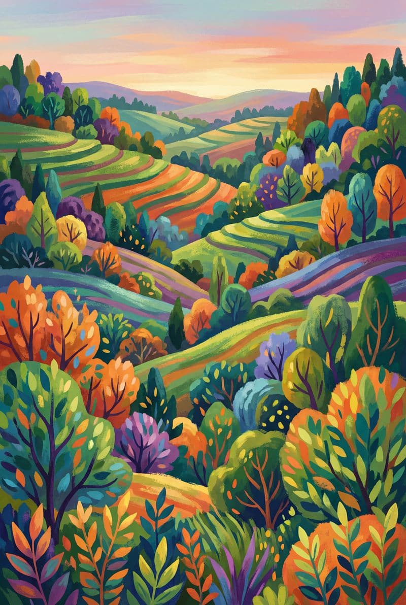 Tranh treo tường đồi núi và cây lá thiên nhiên sắc màu trang trí phòng khách sang trọng