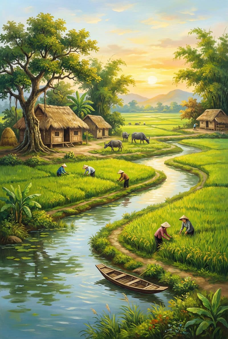 Tranh treo tường phong cảnh đồng quê thanh bình trang trí phòng khách sang trọng