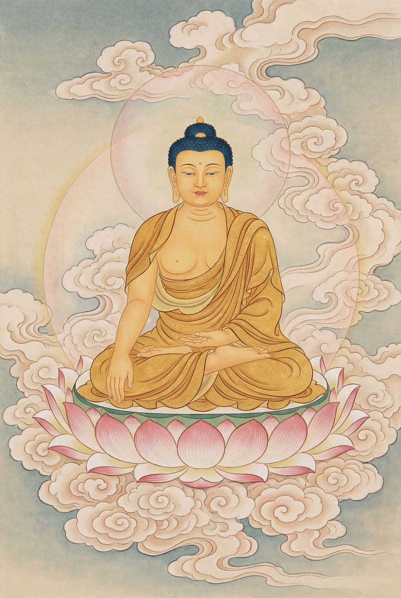 Tranh treo tường Đức Phật ngự trên tòa sen trang trí không gian phòng thờ trang trọng