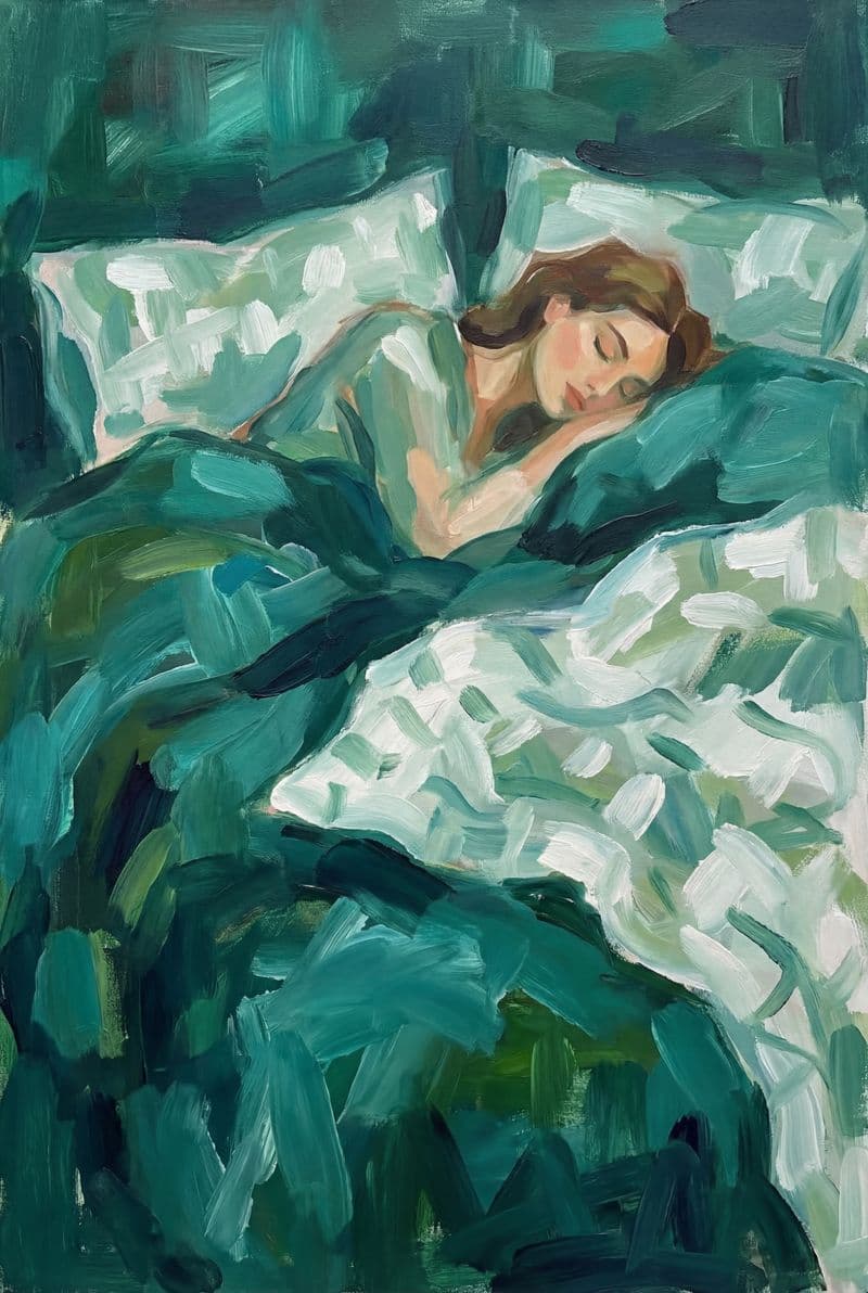 Tranh nghệ thuật trừu tượng cô gái đang ngủ trên giường trong sắc màu ngọc lục bảo bình yên phù hợp cho không gian phòng ngủ sang trọng.