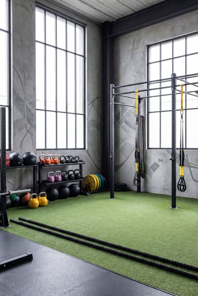 Tranh canvas khu vực tập luyện Functional với dây thừng và tạ ấm, tông màu mạnh mẽ hiện đại, phù hợp cho phòng tập Fitness chuyên nghiệp.