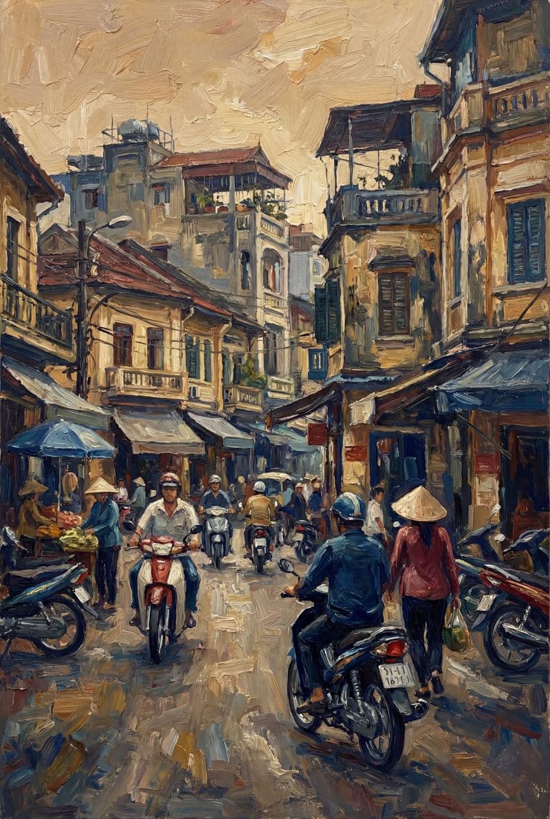 Tranh treo tường phong cảnh phố cổ Hà Nội bằng sơn dầu trang trí phòng khách sang trọng