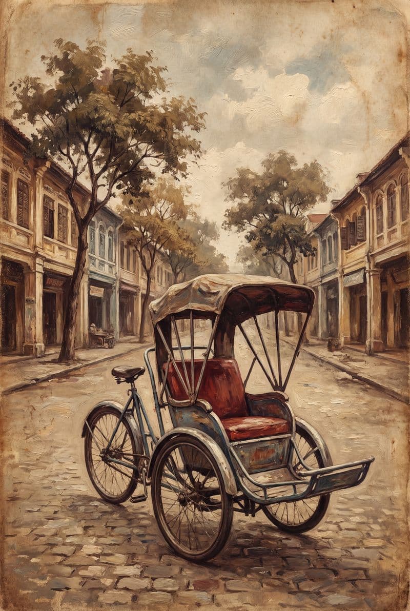 Tranh sơn dầu chiếc xích lô cổ xưa màu vàng nghệ trầm mặc mang nét đẹp hoài cổ cho phòng khách phong cách Indochine