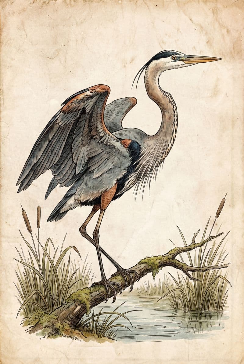 Tranh canvas chim diệc xanh lớn phong cách vintage cổ điển màu xanh xám thanh lịch cho phòng khách