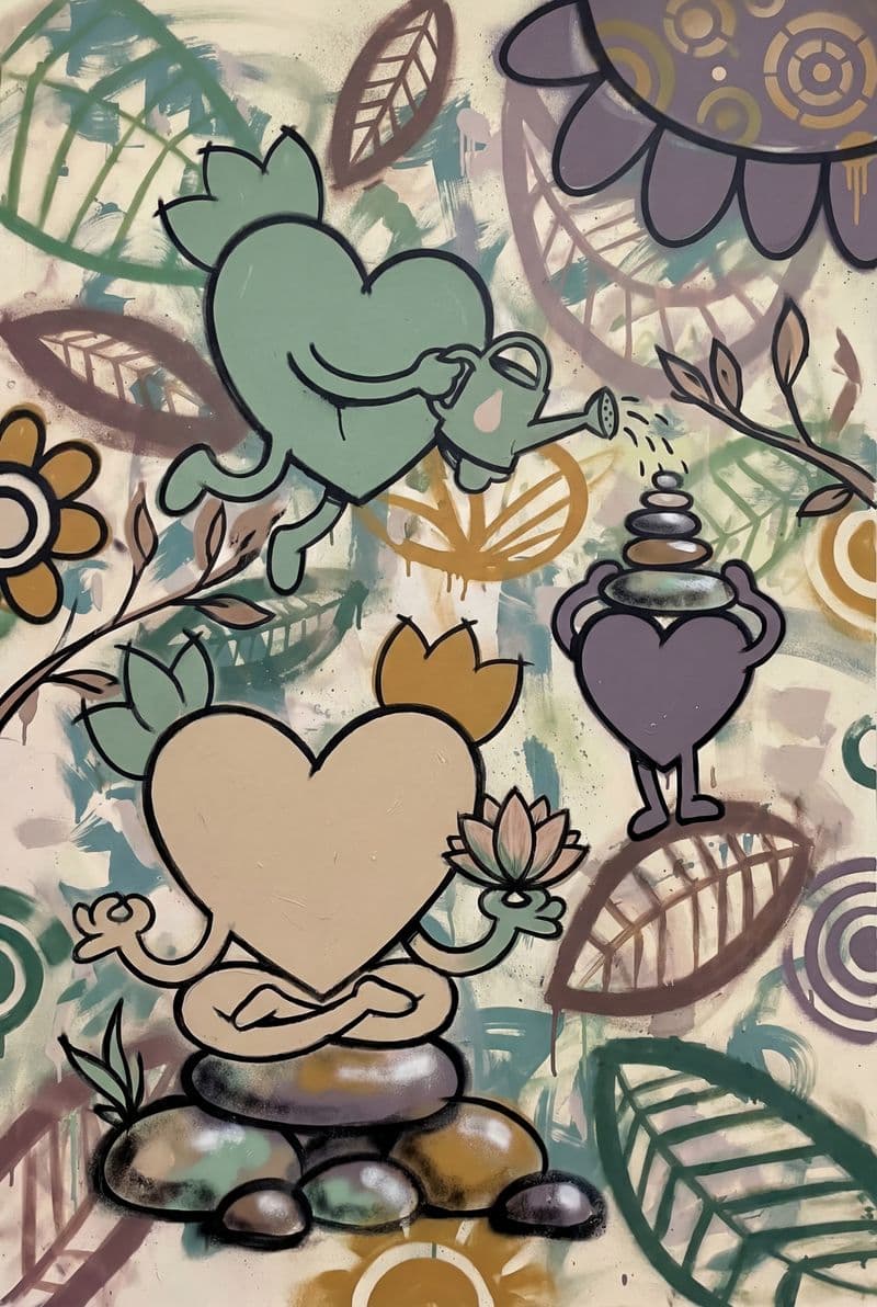 Tranh canvas nghệ thuật đường phố chủ thể trái tim thiên nhiên màu sắc rực rỡ đầy cảm hứng cho không gian phòng khách hiện đại.