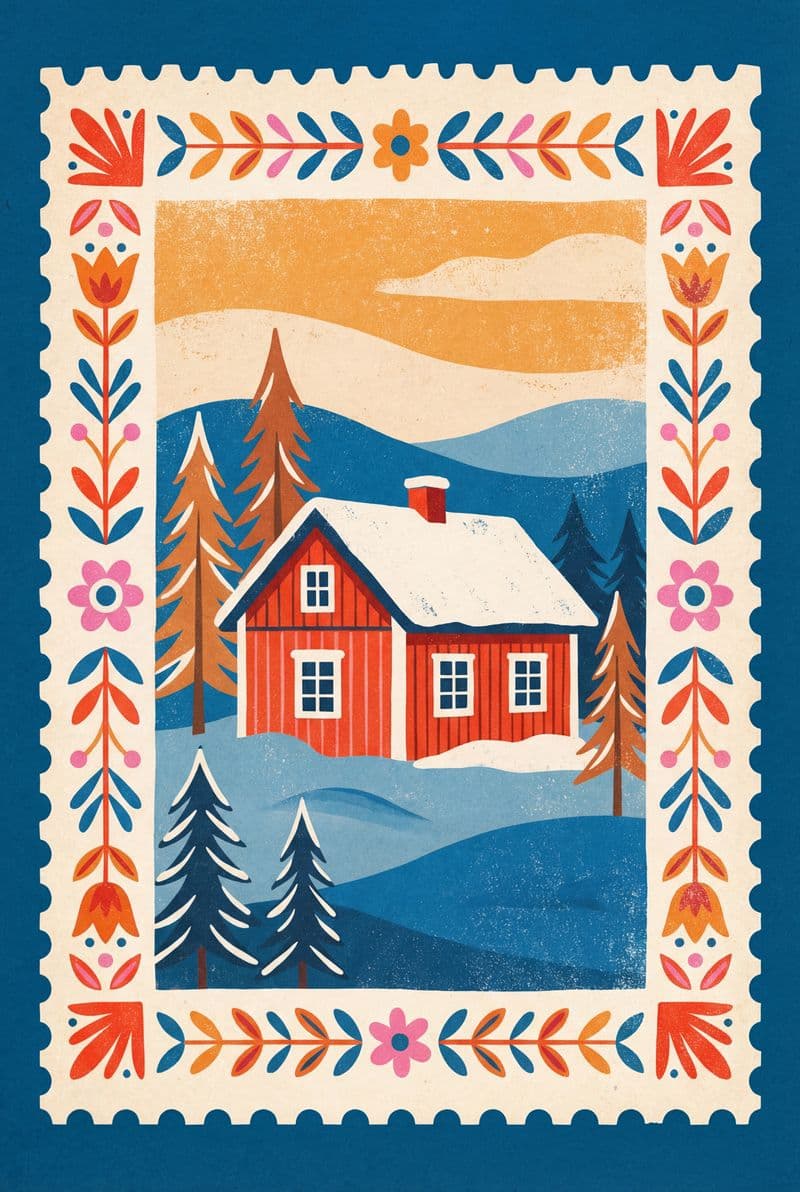 Tranh nghệ thuật tem bưu chính Thụy Điển phong cảnh ngôi nhà đỏ bên rừng thông, màu sắc trầm ấm bình yên, phù hợp cho phòng làm việc và phòng khách.