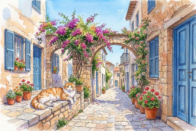 Tranh màu nước chú mèo đường phố Paphos với sắc cam ấm áp mang lại cảm giác thư thái cho phòng khách hiện đại.