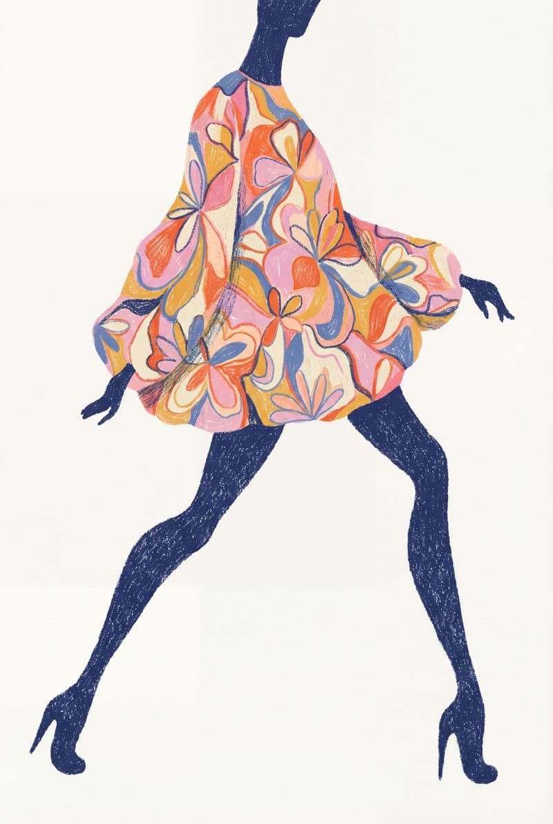 Tranh thời trang cao cấp vẽ quý cô diện váy in họa tiết hoa rực rỡ đầy kiêu sa phù hợp cho phòng ngủ hoặc boutique.