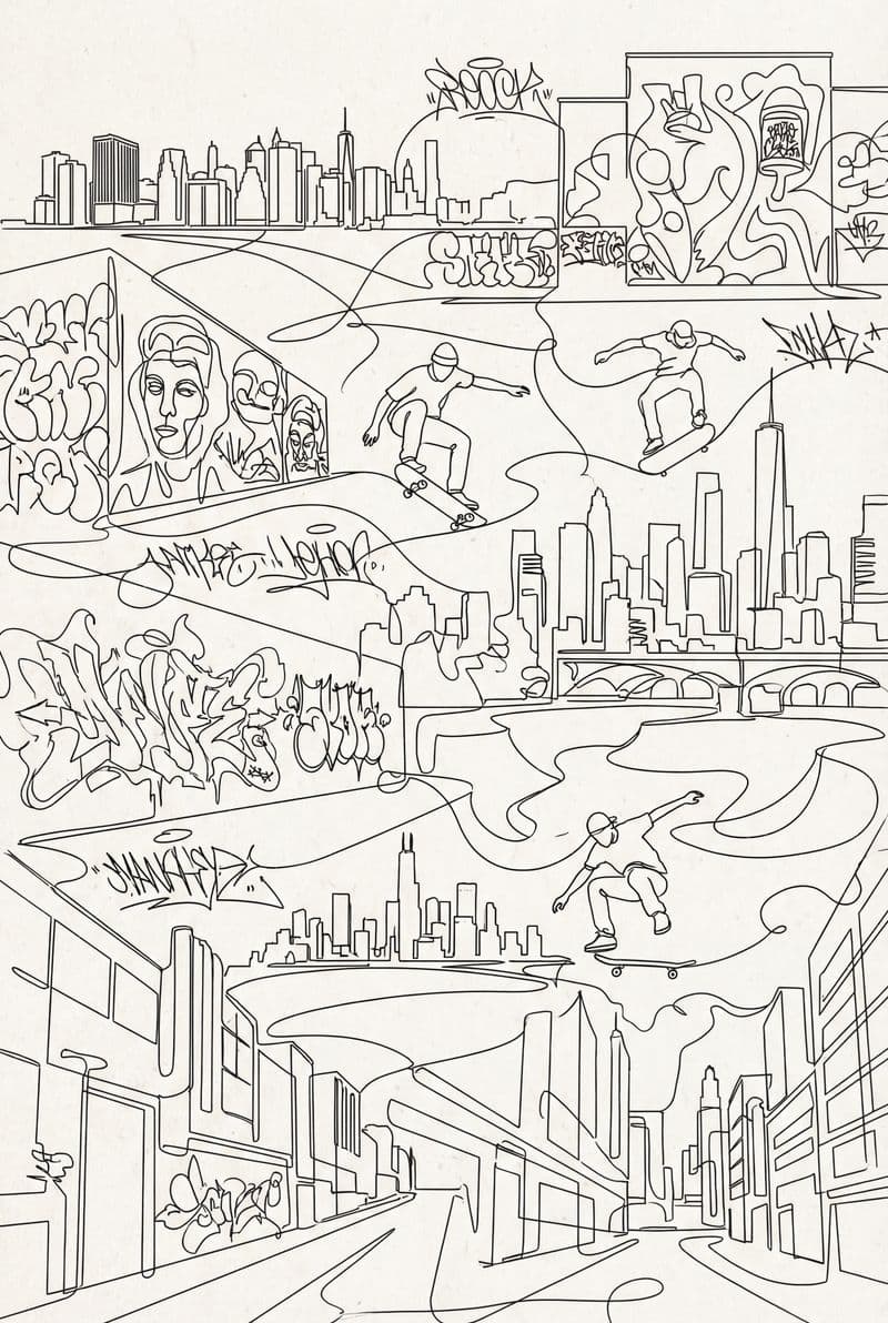 Tranh line art nghệ thuật đường phố hiện đại với nét vẽ đen mảnh phóng khoáng trên nền trắng tinh tế phù hợp cho không gian văn phòng sáng tạo.