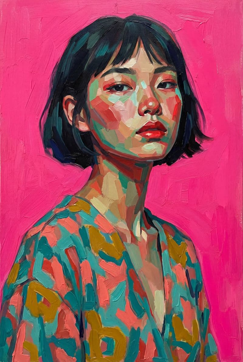 Tranh in nghệ thuật chân dung cô gái Châu Á với nét vẽ tinh tế đầy cảm xúc màu sắc trang nhã phù hợp cho phòng khách hiện đại
