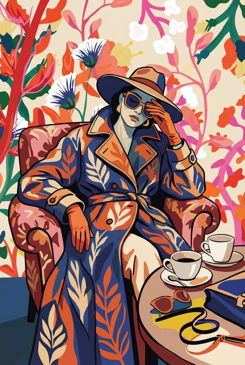 Tranh thời trang quý cô thanh lịch trong bộ cánh haute couture màu trung tính mang nét suy tư trầm mặc phù hợp cho không gian boutique cao cấp.