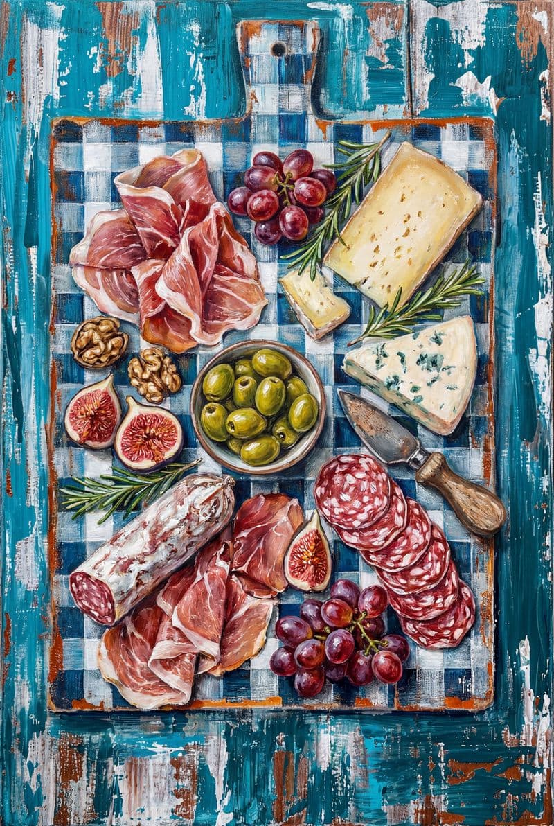 Tranh sơn dầu tĩnh vật khay đồ nguội trên nền bàn cờ xanh dương thanh lịch mang vẻ đẹp sang trọng cho không gian phòng ăn hiện đại.