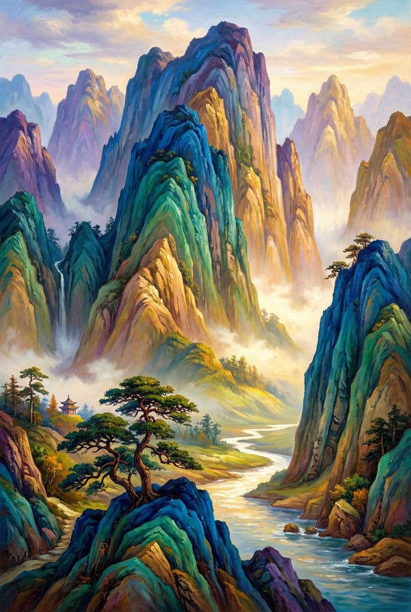 Tranh treo tường phong cảnh núi non hùng vĩ đa sắc màu trang trí phòng khách sang trọng