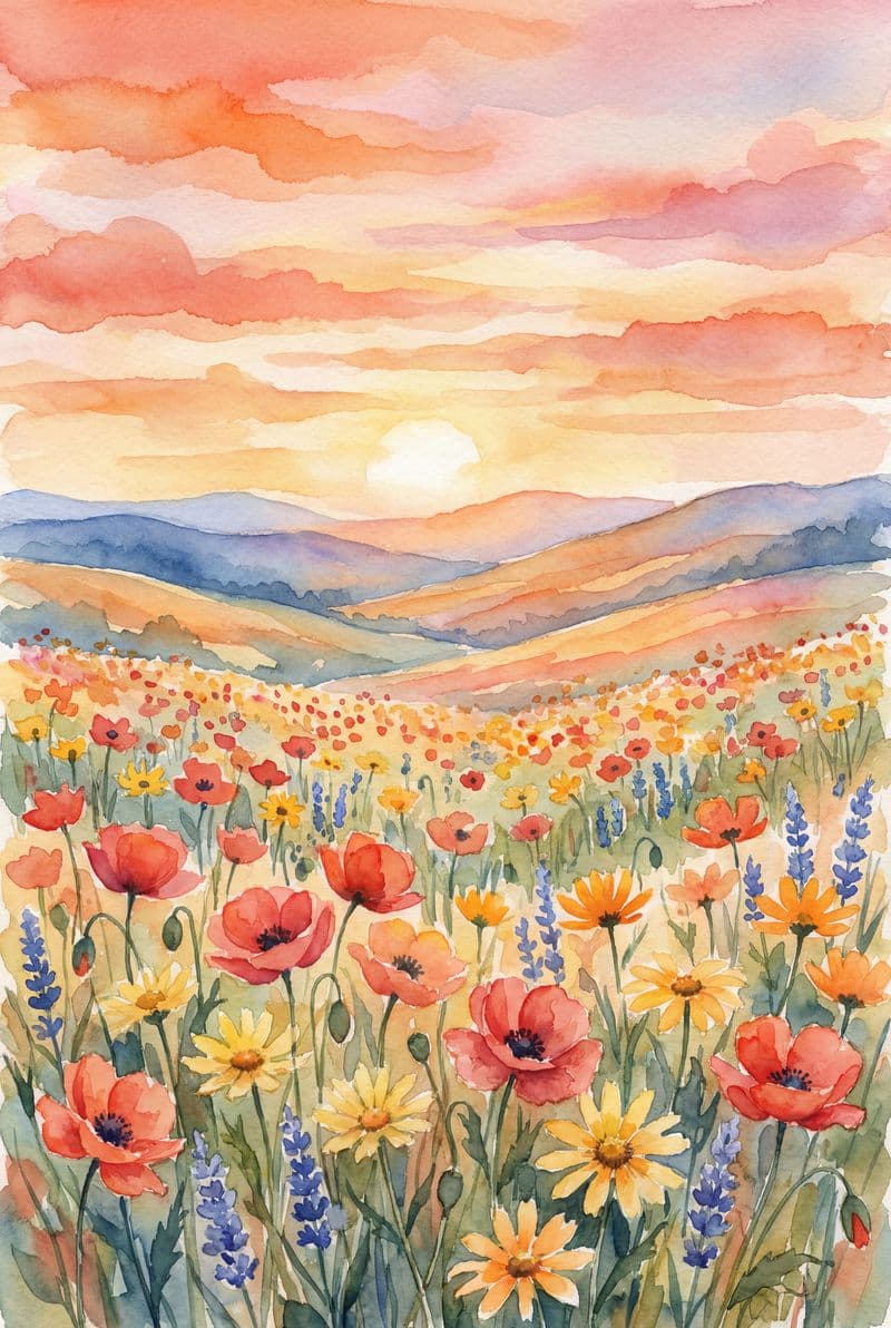 Tranh sơn dầu hình vuông vẽ cánh đồng hoa dại rực rỡ mang phong cách cổ điển lãng mạn phù hợp trang trí phòng khách sang trọng.