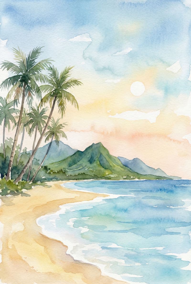 Tranh màu nước phong cảnh bãi biển Anapali Maui sắc xanh ngọc bích thư thái dành cho không gian phòng khách hiện đại.