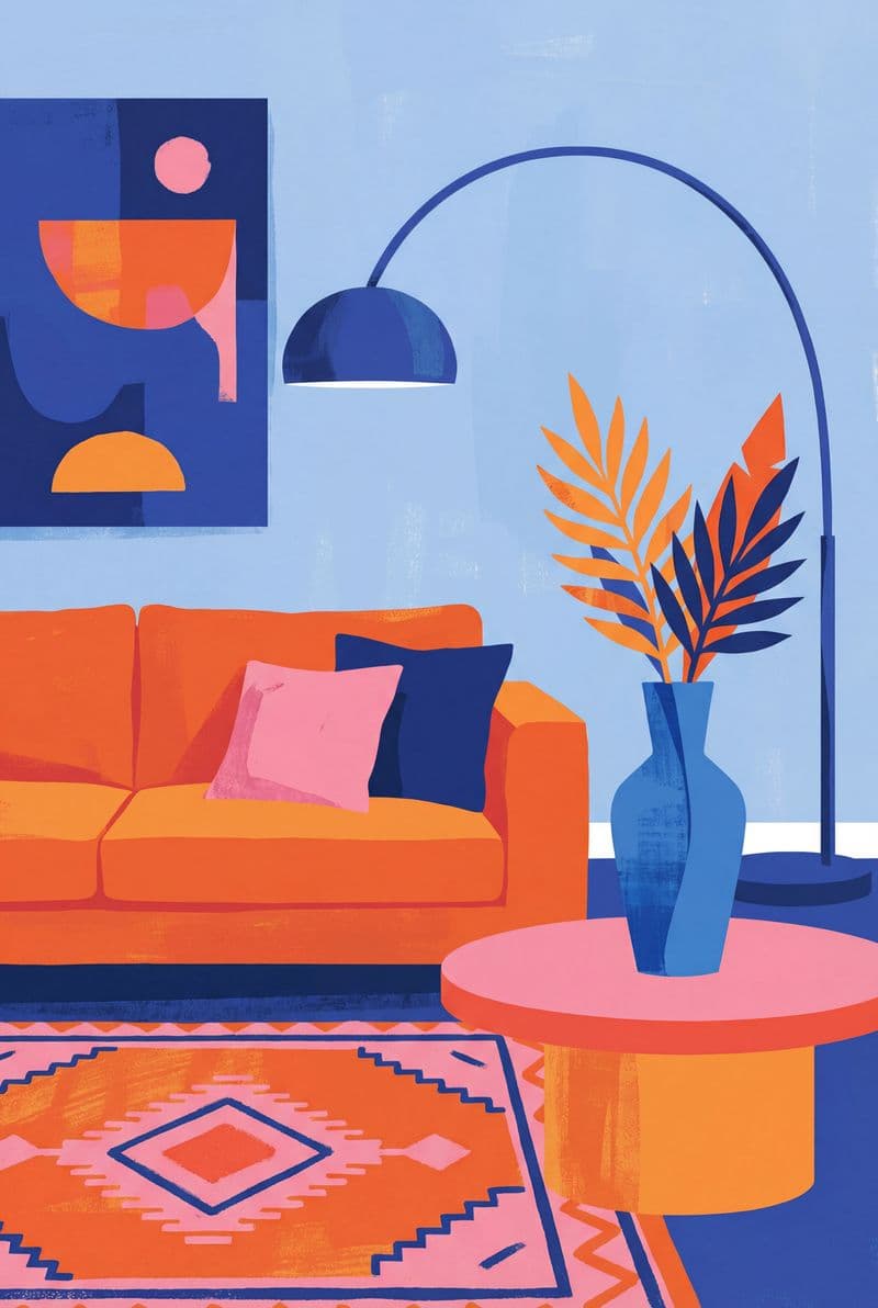 Tranh in canvas nghệ thuật hiện đại chủ đề phòng khách phối màu xanh dương và cam năng động mang lại cảm giác ấm cúng và sang trọng.