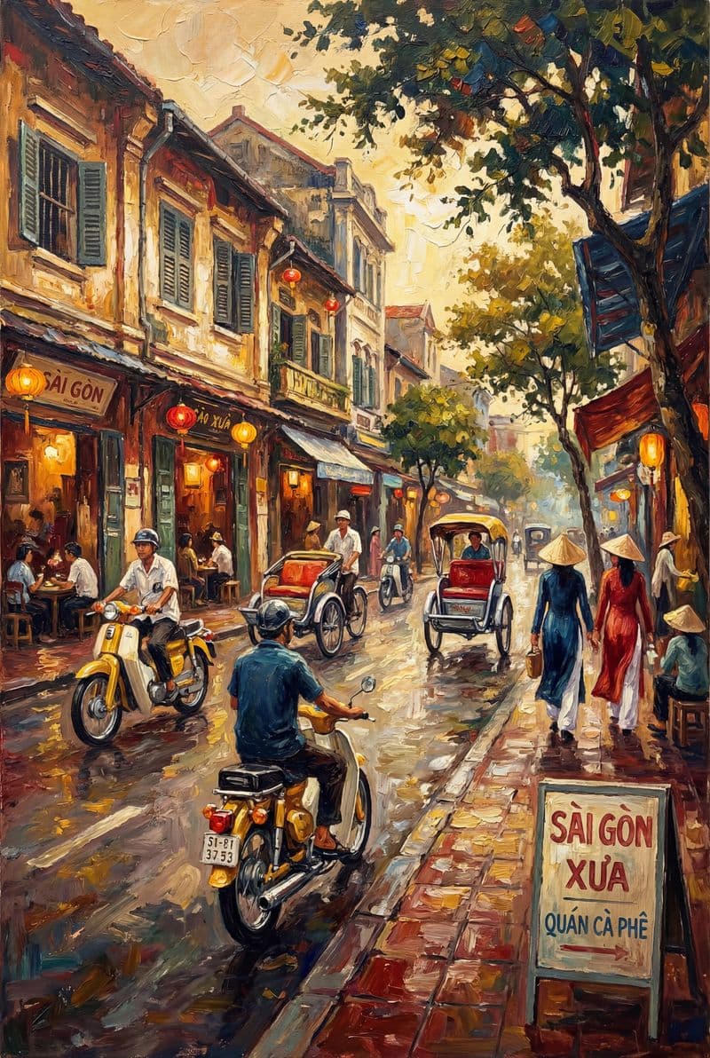 Tranh treo tường phong cảnh Sài Gòn bằng sơn dầu trang trí phòng khách sang trọng