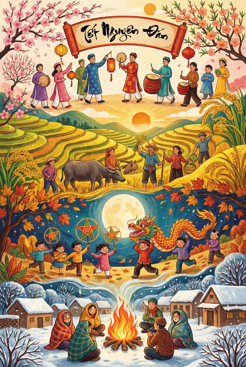 Tranh treo tường chủ đề mùa và lễ hội trang trí không gian phòng khách sang trọng