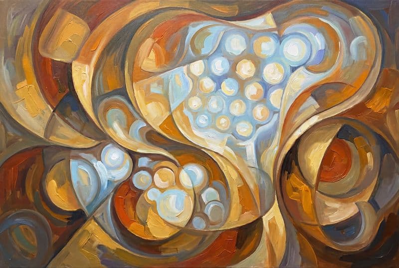 Tranh in nghệ thuật hiện đại chủ đề Ánh sáng và Hình dạng với các khối màu tương phản tinh tế tạo cảm giác chiều sâu cho không gian phòng khách tối giản.