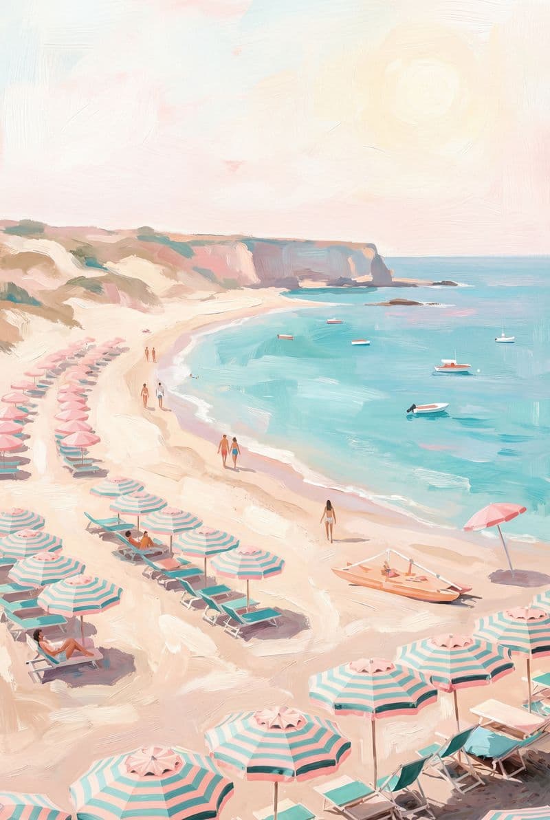 Tranh treo tường những chiếc ô màu sắc trên bãi biển đầy nắng trang trí phòng khách hiện đại