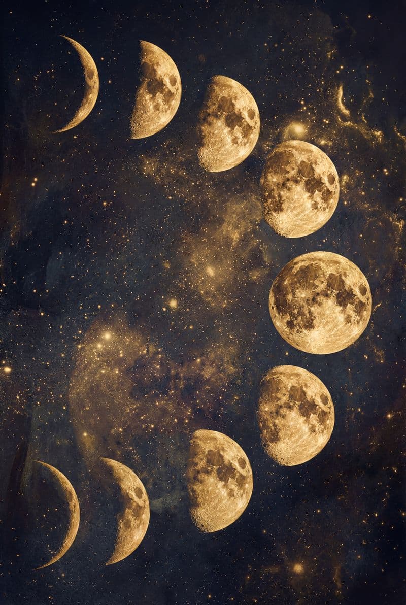 Tranh canvas các giai đoạn mặt trăng vàng nghệ thuật thiên văn trang trí phòng ngủ tinh tế