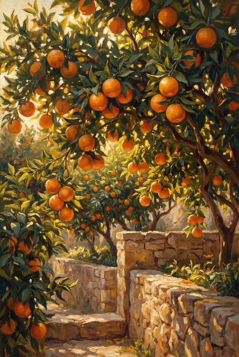 Tranh treo tường cây cam trong vườn nghệ thuật trang trí phòng khách sang trọng