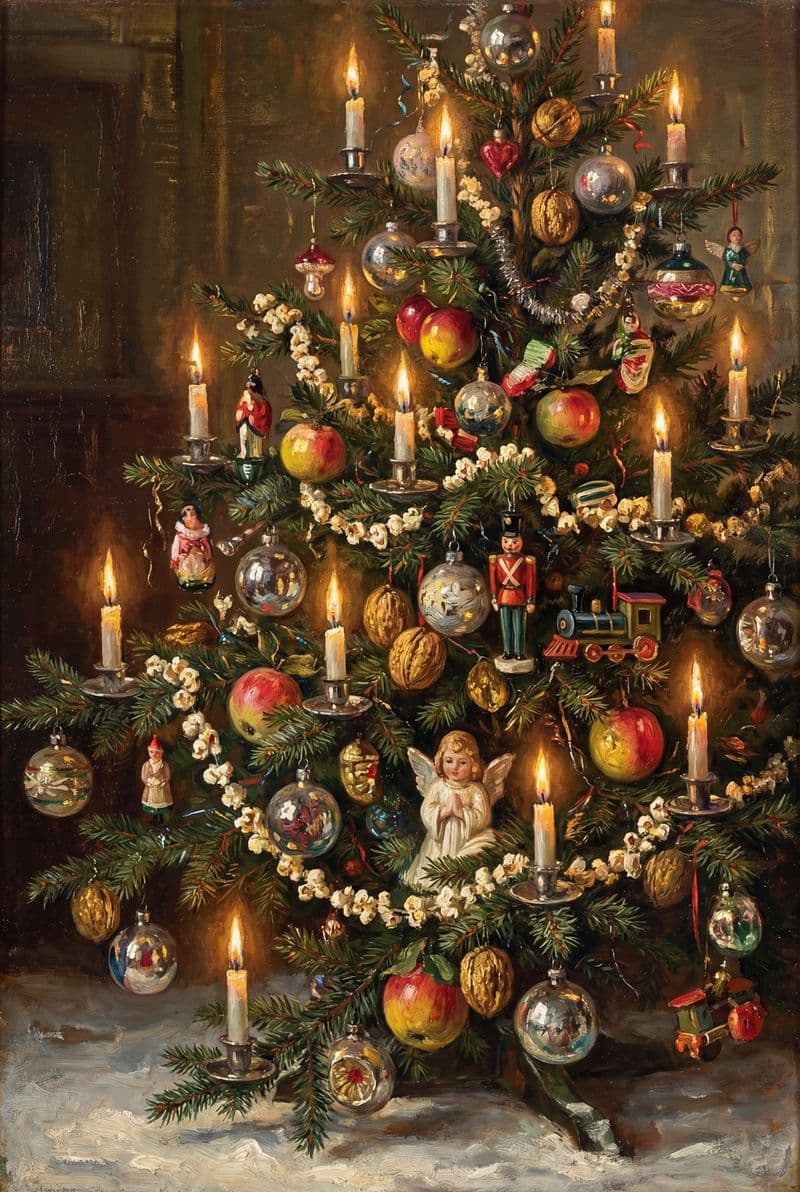 Tranh sơn dầu cây thông Noel phong cách vintage với sắc xanh thông trầm và ánh vàng ấm áp hoàn hảo cho không gian phòng khách cổ điển